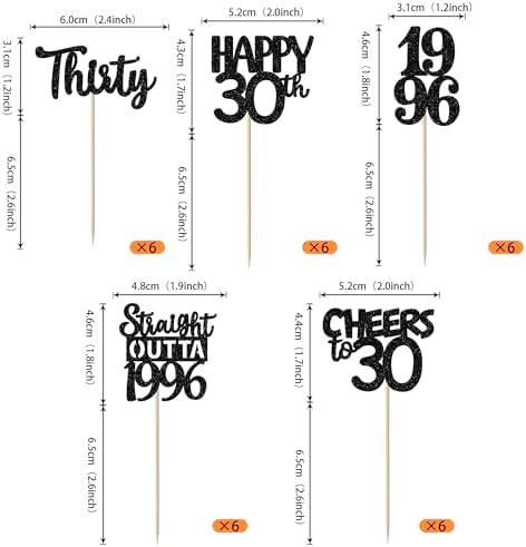 30PCS Black 30th Birthday Cupcake Toppers Glitter Thirty Happy 30th Straight Outta 1996 Cupcake Picks for Cheers to 30 Years 30th Birthday Wedding Anniversary Party Decoration Supplies