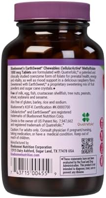 Bluebonnet EarthSweet Methylfolate 1000 mcg Cellular Active Coenzyme 5-MTHF L Methyl Folate Supplement - Prenatal & Energy Support - Non-GMO, Vegan, Gluten-Free - Raspberry - 90 Chewable Tablets