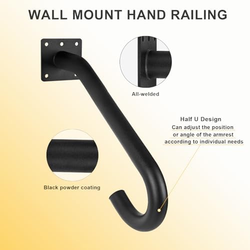 2 Pcs Handrails for Outdoor Steps Stair Railing Indoor, Handrail for 1-3 Steps,Half U Design Universal Stairs Wall Mounted Metal Handrail for Elderly,Included Hardware