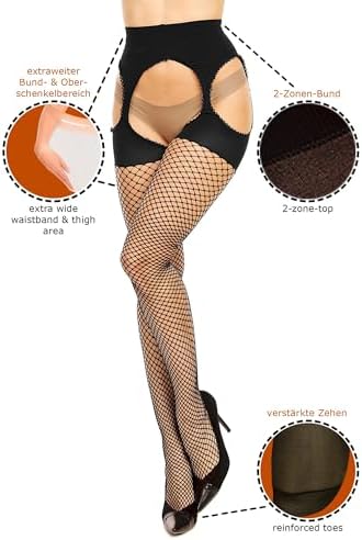 GLAMORY Plus Size Fishnet Ouvert Tights Mesh Ouvert Pantyhose, Microfiber, Reinforced Toe, Crotchless Suspender Style