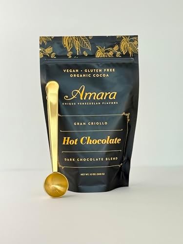 Amara Unique Venezuelan Flavors. Hot Chocolate "Gran Criollo" Dark Chocolate Blend 12 oz Bag with Golden Measuring Scoop & Clip Multi Fuction.