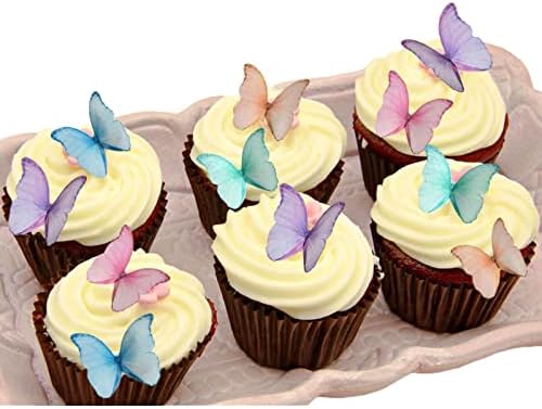 Weraru 48Pcs Edible Wafer Paper Butterflies Cupcake Topper Purple Pink Green Cake Decorations Mixed Color