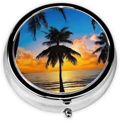 (Hawaii Beach) Round Pill Box,3 Compartment Pill Box Mini Decorative Pocket Purse Portable Travel Medicine Tablet Vitamin Holder Organizer Pill Case