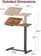 Sakugi Overbed Bedside Table with Wheels, Height Adjustable Laptop Desk, Hospital Bed Table with Tilt Top, Rolling Bed Tray for Home & Office,27.6" L x 12.9" W x 29.1"–39" H, Brown