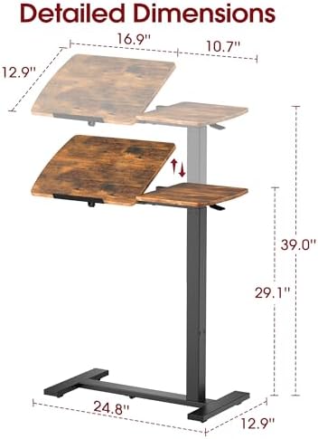 Sakugi Overbed Bedside Table with Wheels, Height Adjustable Laptop Desk, Hospital Bed Table with Right-Side Tilt Top, Rolling Bed Tray for Home & Office,27.6" L x 12.9" D x 29.1"–39" H, Brown
