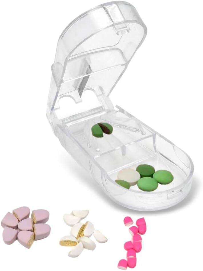 Pill Cutter, Precise 1/2 Pill Splitter for Small and Large Pills, Portable Medicine Divider with Storage Compartment, for Travel and Daily Use (Clear Mini)