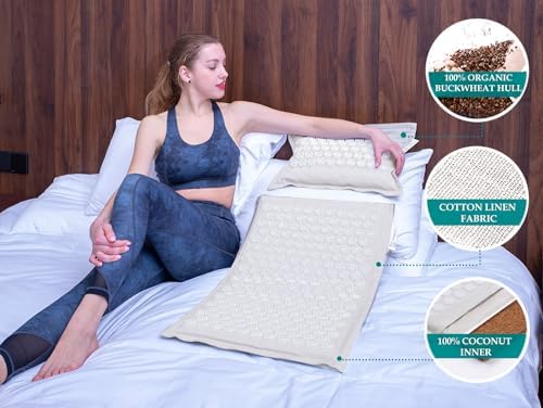 UNMERA Acupressure Mat and Pillow Set,Natural Eco Linen & Coconut Fiber Filling,for Back/Neck Pain Relief, Sciatic, Headache and Muscle Relaxation, Comes with Carrying Bag