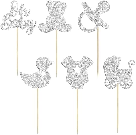 Gyufise 36Pcs Oh Baby Cupcake Toppers Glitter Pacifier Baby Carriage Bear Baby Shower Cupcake Picks for Gender Reveal Baby Shower Kids Birthday Party Supplies Silver