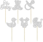 Gyufise 36Pcs Oh Baby Cupcake Toppers Glitter Pacifier Baby Carriage Bear Baby Shower Cupcake Picks for Gender Reveal Baby Shower Kids Birthday Party Supplies Silver