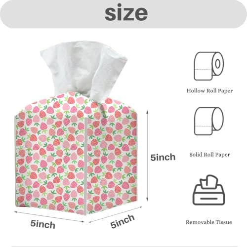 Tissue Box Cover, Tissue Box Holder, Square with Belt Bottom, PU Leather Decorative Organizer for Desk, Tabletop, Countertop Bathroom, Toilet Car, Office, Dresser Bedside, Aesthetic Strawberry Decor