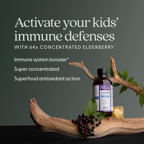 New Chapter Elderberry Kids Syrup, Advanced Immune Defense for Ages 2+, 64x Concentrated Elderberry, Sweetened with Throat-Soothing Grade A Honey, Non-GMO Project Verified, 4 Fl Ounce