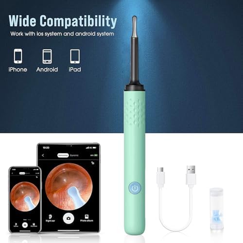 Ear Wax Removal, Ear Cleaner with Camera and Light, Ear Wax Removal Kit, Ear Wax Removal Tool Camera with 1080P, Ear Cleaning Kit with Spoons, Ear Camera for iOS & Android (Light Lake Green)