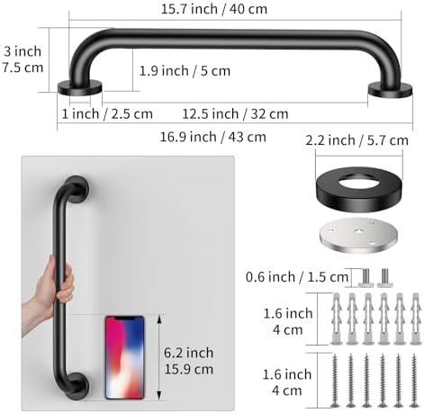 16 Inch Matte Black Shower Grab Bar-1" Diameter, iMomwee Stainless Steel Elderly Safety Bars, Bathroom Shower Balance Bar, Wall Handrail Support, Handicap Senior Disabled Pregnant Assist Bath Handle