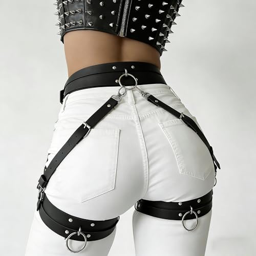 Women's Punk Gothic Leather Thigh Harness & Garter Belt Set-Adjustable Waist Cincher with Anti-Slip Leg Garter Straps for Cosplay,Nightclub Party Outfits and Body Chain Fashion Accessories