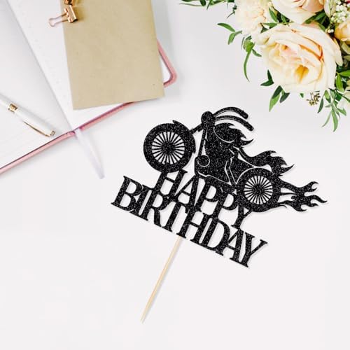 Motorcycle Happy Birthday Cake Topper，Black Flash Cake Pick,Motorcycle Party Decoration Birthday Party Cake Decoration