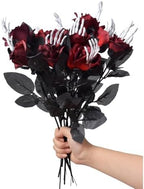 12 Pcs Halloween Black Faux Rose Artificial Flowers with Skull Skeleton Hand Purple Flower Bouquets Gothic Halloween Floral Picks Flowers Artificial 19.29 inches（Adjustable Length ）(Red)
