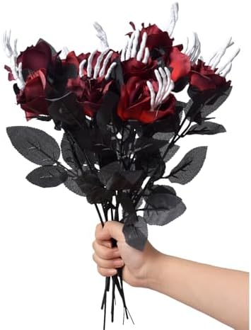 12 Pcs Halloween Black Faux Rose Artificial Flowers with Skull Skeleton Hand Purple Flower Bouquets Gothic Halloween Floral Picks Flowers Artificial 19.29 inches（Adjustable Length ）(Red)
