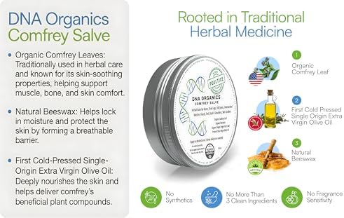 DNA Organics Comfrey Salve Ointment 4oz – Organic Herbal Salve for Bones, Muscles, Joints, Knees, Skin & Tattoo Care. Herbal Balm for Soothing Relief. Handcrafted, Slow-Infused, No Chemical Fillers