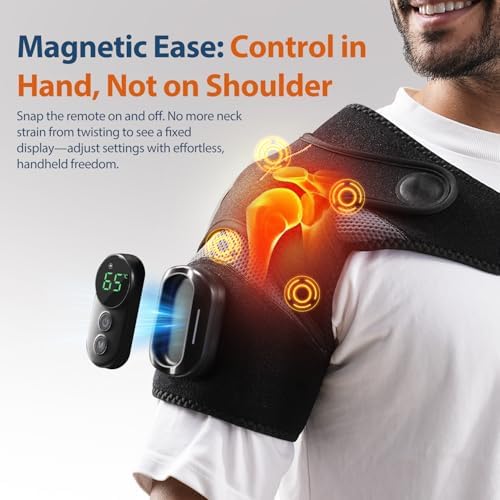 Cordless Shoulder Heating Pad with Magnetic Detachable Remote Control - Heated Massager Shoulder Wrap with 5 Vibration Modes & 5 Heating Levels, Gift for Men & Women, Black