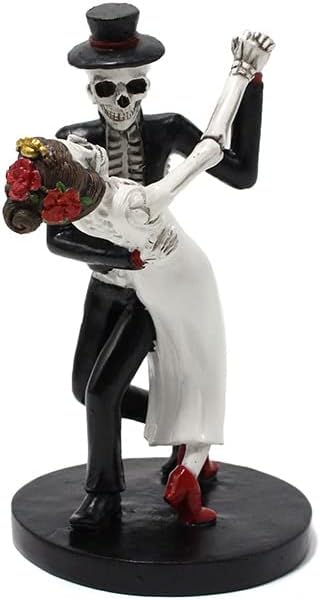 Skeleton Bride and Groom Figurine Wedding Cake Topper, Love Till Death Dancing Skull Couple Statue, Death Themed Skeleton Party Halloween Decoration (Romantic dance)