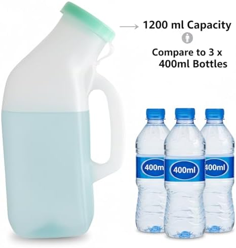 Urinals for Men - 1200 mL / 40 oz Thick Plastic Portable Urinals with Cleaning Brush, Anti-Tip Base & Secure Snap-On Lid Urinal for Bedridden, Elderly, Travel (1 Pack)