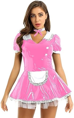 easyforever Women's Wet Look Patent Leather Lace Trim French Maid Fancy Dress Costume Cosplay Outfits