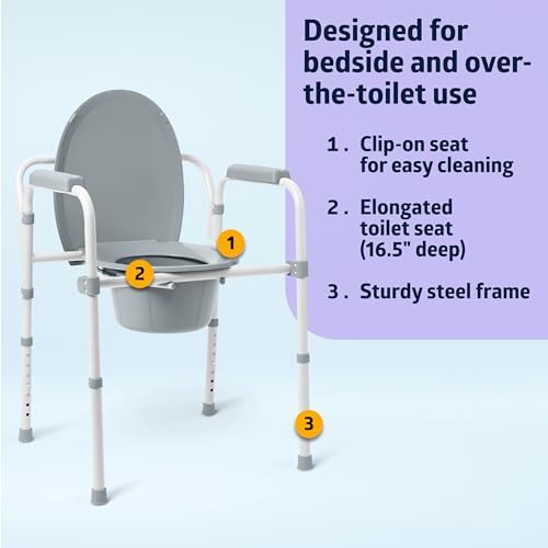 Medline Dark Gray 3-in-1 Folding Commode with Elongated Seat, Microban Treated - Portable, Adjustable, Durable - Ideal for Medical Patients