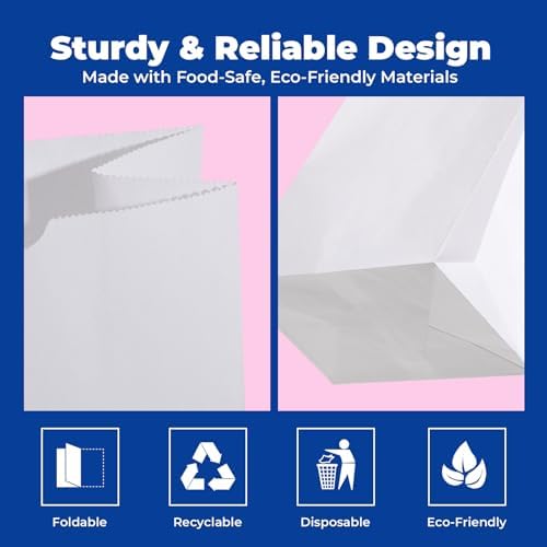 Fit Meal Prep 200 Pack 10 lb White Paper Lunch Bags, 13.2 x 6.3 x 4" Premium White Paper Bags Bulk for Small Business, RecyclableSnack Sacks, Durable Grocery Bag for Food Storage, Packing