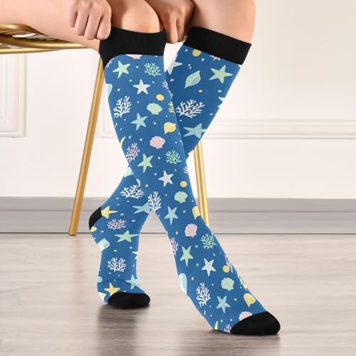 Starfish Seashell Blue Pattern Compression Socks for Women Men Nurses Running Support Long Athletic Socks for Ankle Nurse Running Accessories