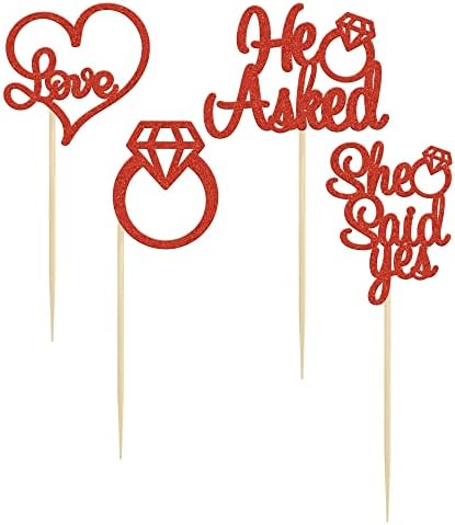 Gyufise 24 Pieces Red Glitter Engagement Cupcake Toppers He Asked She Said Yes Diamond Ring Heart Cupcake Picks for Wedding Bridal Shower Party Cake Decorations