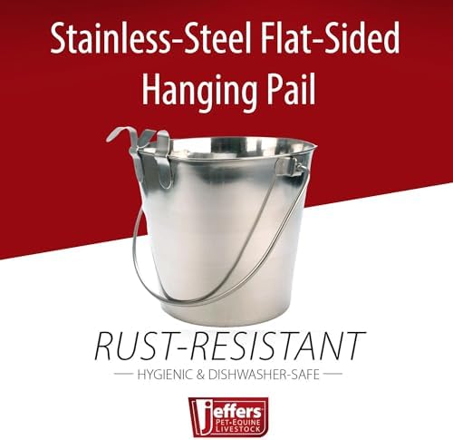 Jeffers Flat Sided Stainless Steel Pails with Handle & 1 Hook – Dishwasher Safe, Durable Feeding & Milk or Water Buckets for Pet, Horse. Livestock & Farm Use for Kennel, Cage, Fence - 2 Quart