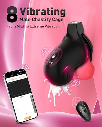 Vibrating Chastity Cage Sex Toy - Male Chastity Device with App Control Cock Cage with 8 Vibration Modes, with 4 Sizes Rings, 2 Keys for Secure Locking, Silicone BDSM Bondage Toys for Men