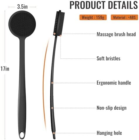 Silicone Back Scrubber for Shower, 17in Lengthen Long Handle Body Brush, Double Sided Shower Brush for Shower Exfoliating and Massage Can Produce Rich Foam, Long Handle Back Scrubber for Men