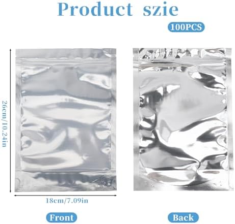 100 Pack 7 x 10 Inch Stand Up Pouch Bags with Resealable Lock Seal Zipper Clear Front Aluminium Foil Back Mylar Bags Reusable Food Storage Bags for Multipurpose