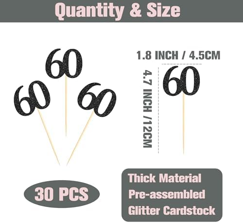 Sotpot 30 Pack Happy 60th Cupcake Toppers 60 Birthday Cake Decorations for 60th Birthday Wedding Anniversary Party Supplies Black Glitter