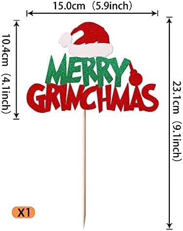 Rsstarxi 1 Pack Merry Christmas Cake Topper Red Green Glitter Santa Hat Merry Christmas Cake Pick for Christmas Theme Xmas Holiday Kids Birthday Party Cake Decorations Supplies