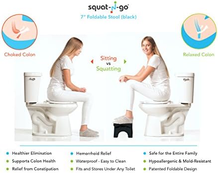 Squat N Go 7” Folding Squatting Stool | The Only Foldable Toilet Stool | Convenient and Compact – Great for Travel | Fits All Toilets, Folds for Easy Storage, Use in Any Bathroom | Black Color |