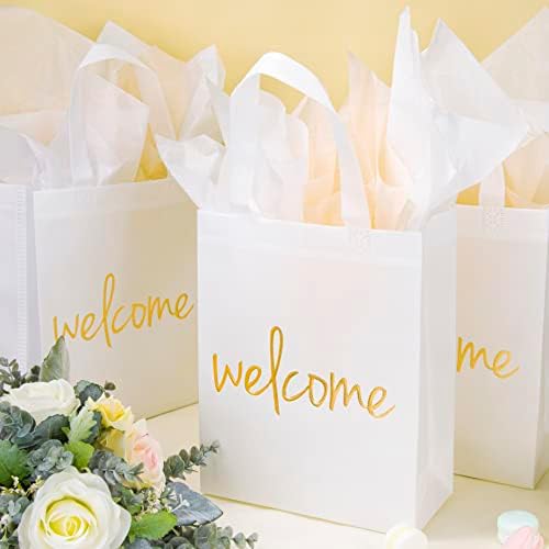 Crisky Reusable White Gold Welcome Gift Bags for Wedding Birthday Parties, 50 Counts Medium Size Eco-Friendly Non-Woven for Guests, 11 x4 x9 Inches