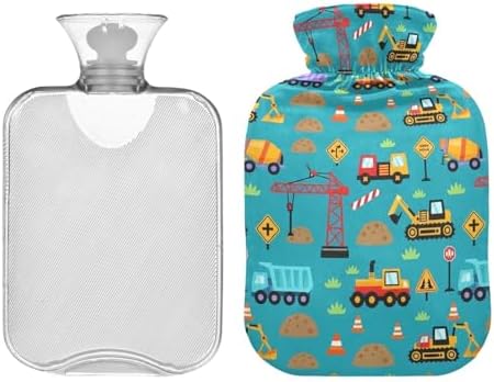 Construction Vehicles Teal Blue Hot Water Bottle with Soft Cover Feet Warmer with Soft Cover Warm Water Heat Bottles for Menstrual Cramps Pain Relief Medium