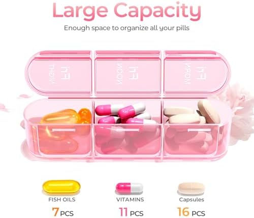 Daviky Pill Organizer 3X a Day, Weekly Pill Box 7 Day, Travel Pill Case with Large Containers, 3 Times Medcine Organizer for Vitamins, Medication, Supplements and Fish Oils (Pink)