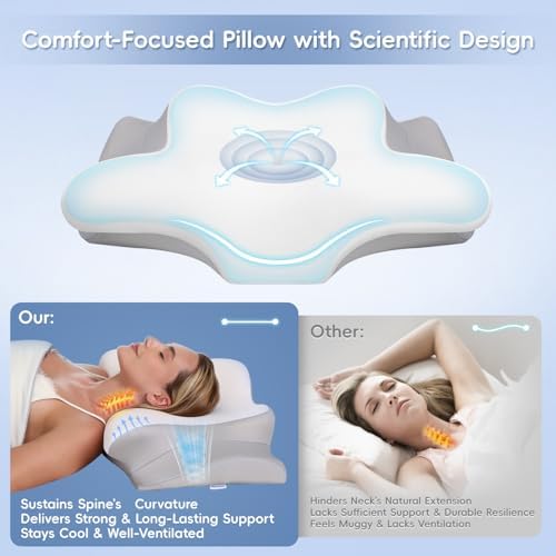 Cervical Neck Pillow, Memory Foam Pillows for Neck and Shoulder Pain Relief, 2 Heights Ergonomic Pillow with Breathable Ice Silk Cover, Neck Support Pillow for Side Sleepers White