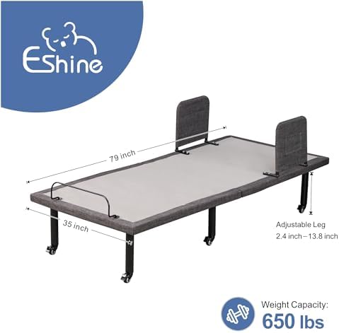 ESHINE Adjustable Bed Frame with Wireless Remote, Head and Foot Incline, Adjustable Leg with Wheel, Bed Rail, Nursing Bed Base