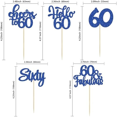 30pcs Happy 60th Birthday Cupcake Toppers - Deep Blue Glitter Sixty Cake Toppers - Cheers to 60 Years Old Cupcake Picks for Anniversary Party Cake Decorations