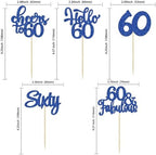30pcs Happy 60th Birthday Cupcake Toppers - Deep Blue Glitter Sixty Cake Toppers - Cheers to 60 Years Old Cupcake Picks for Anniversary Party Cake Decorations