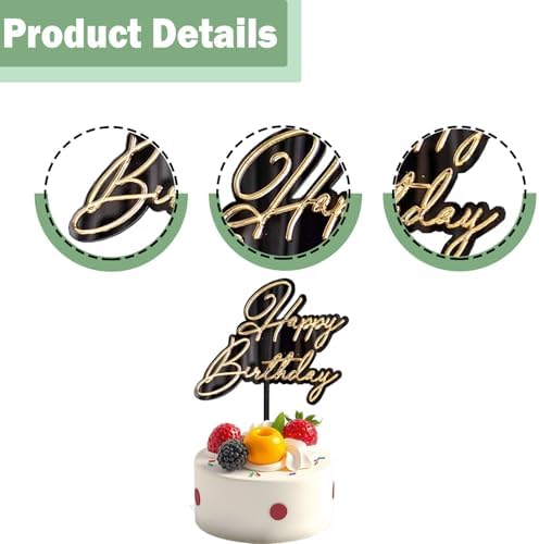 Happy Birthday Cake Topper – Acrylic Mirror Decoration for Birthday Party Cake & Dessert Decoration Supplies，Black & Gold