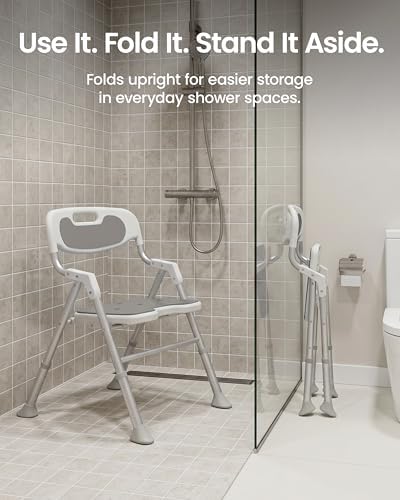Folding Shower Chair for Inside Shower with Arms and Back, 400 LBS Foldable Bath Seat for Elderly Seniors & Disabled, Heavy Duty Portable Shower Stool with U-Shape Cutout & 6-Level Height (Gray)