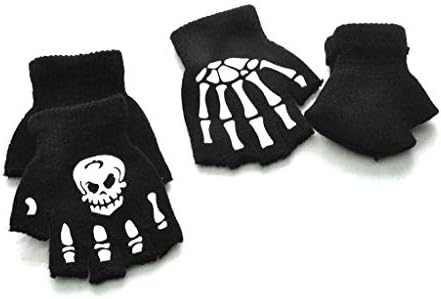 Toddler Kids Halloween Cosplay Skeleton Skull Half Finger Gloves Glow in The Dark Luminous Fingerless Winter Mittens Black+White