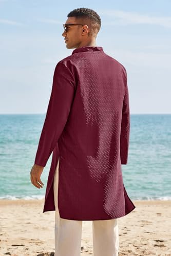 Runcati Mens Kaftan Thobe Textured Henley Shirt Long Sleeve Robe Casual Muslim Gown Shirt