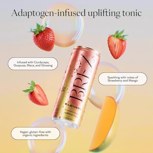 BRĒZ ELEVATE Cordyceps Mushroom Drink, Non-Infused Uplifting Tonic with Cordyceps, Guayusa, Maca & Ginseng, Vegan Adaptogen Drink for Focus, Drive & Mental Clarity, Strawberry Mango, 12 fl oz, 8 Pack