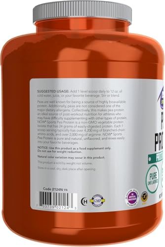 NOW Sports Pea Protein Natural Unflavored Powder,7-Pound